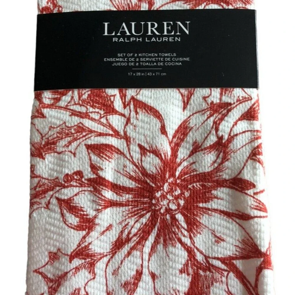 Ralph Lauren Kitchen Dish Towels Set of 2 Floral Christmas Poinsettia Red White